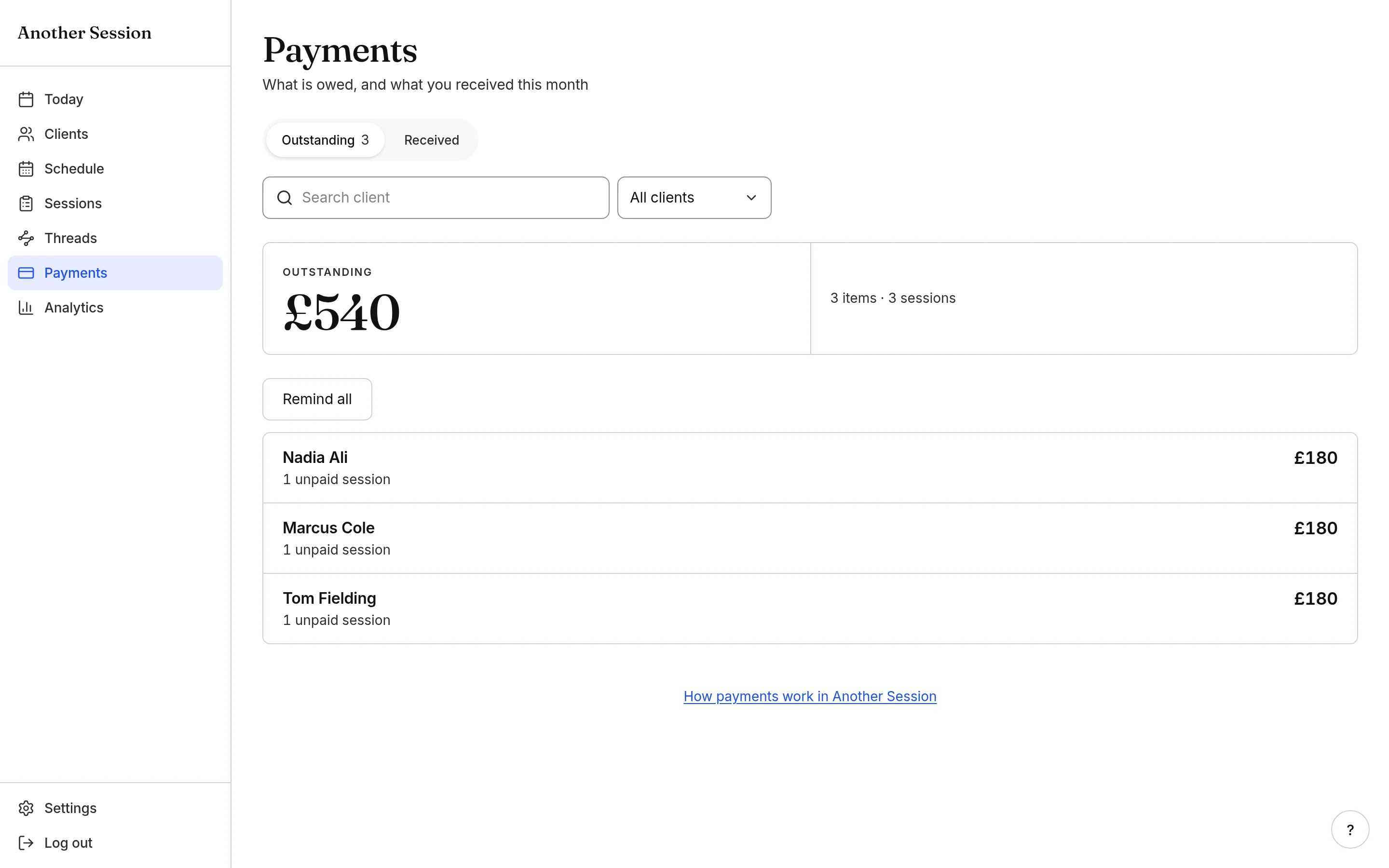 The real Payments screen showing Helen Morris’s outstanding £180 executive coaching session