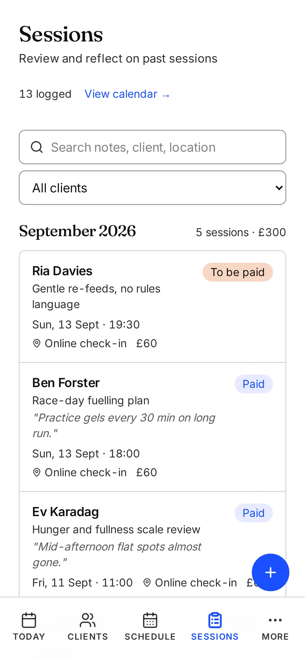 Every client, every check-in, every habit in one calm view. in Another Session