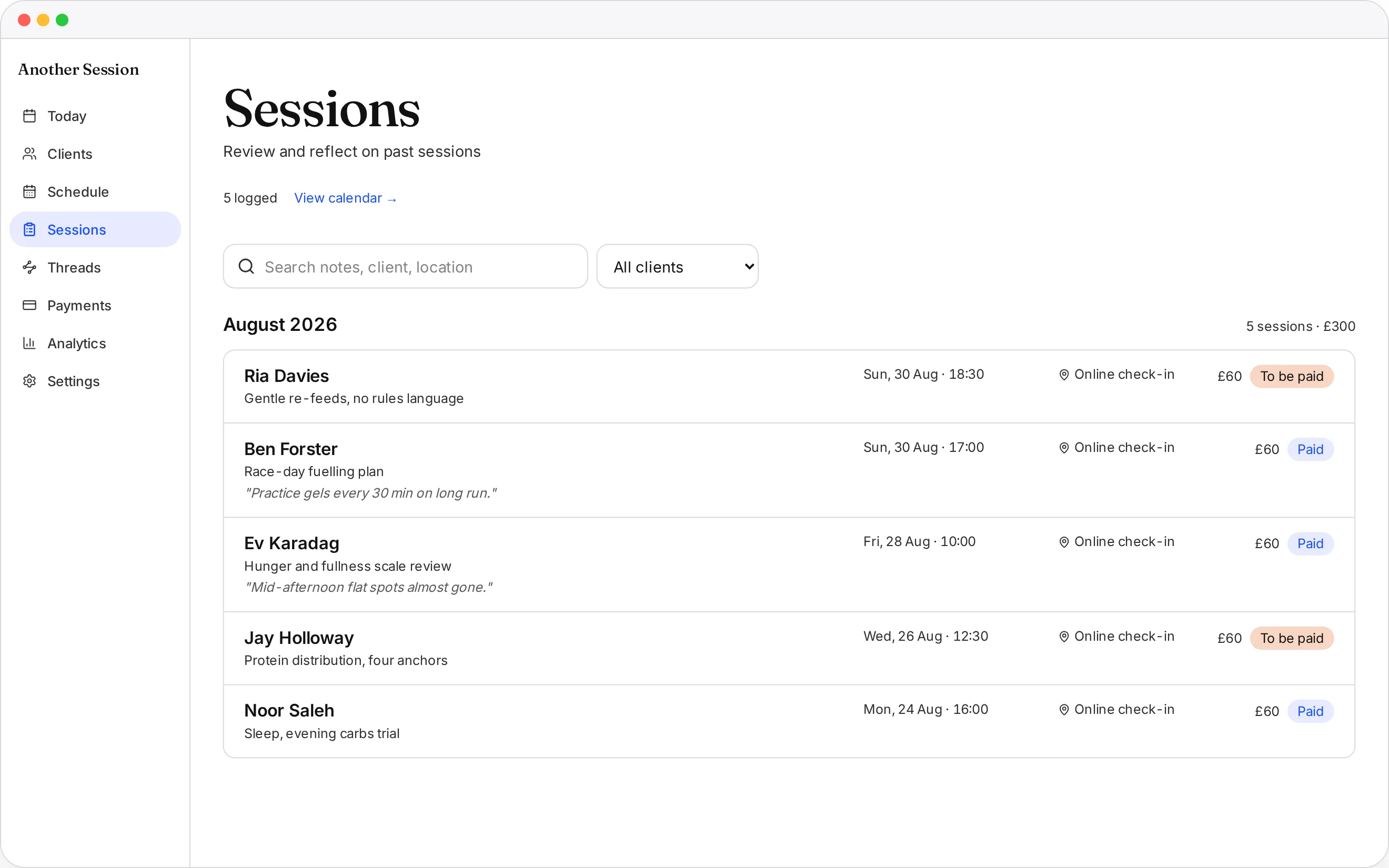 Every client, every check-in, every habit in one calm view. in Another Session