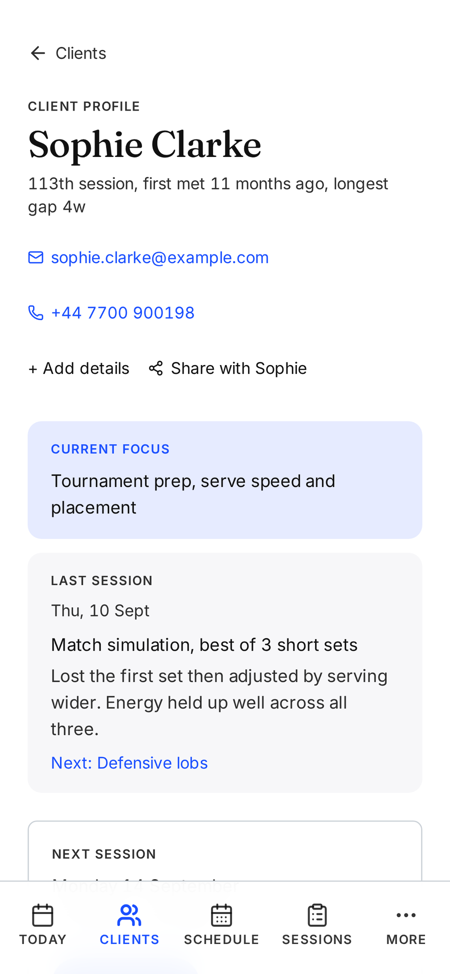 Sophie Clarke’s client record in Another Session on a phone, showing her current focus, last session note and next session