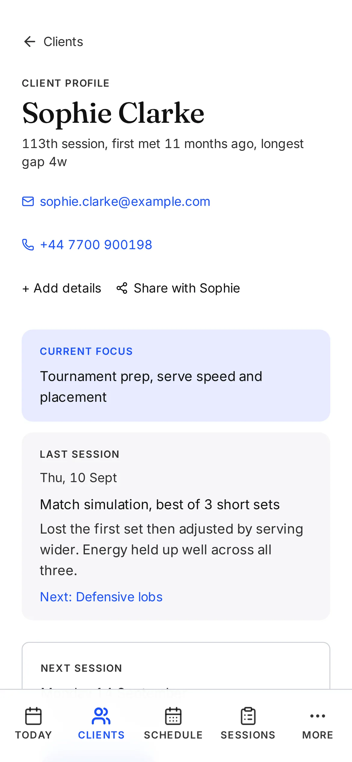 A client record in Another Session showing the next session, current focus, previous notes and package balance