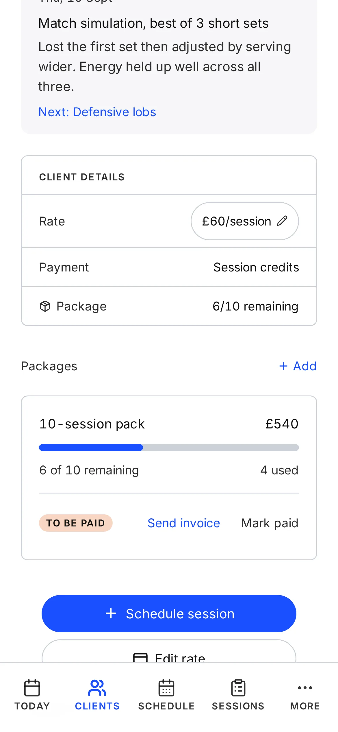 Another Session client package showing a 10-session pack with 6 remaining and 4 used, its payment status, and the Send invoice and Mark paid actions.