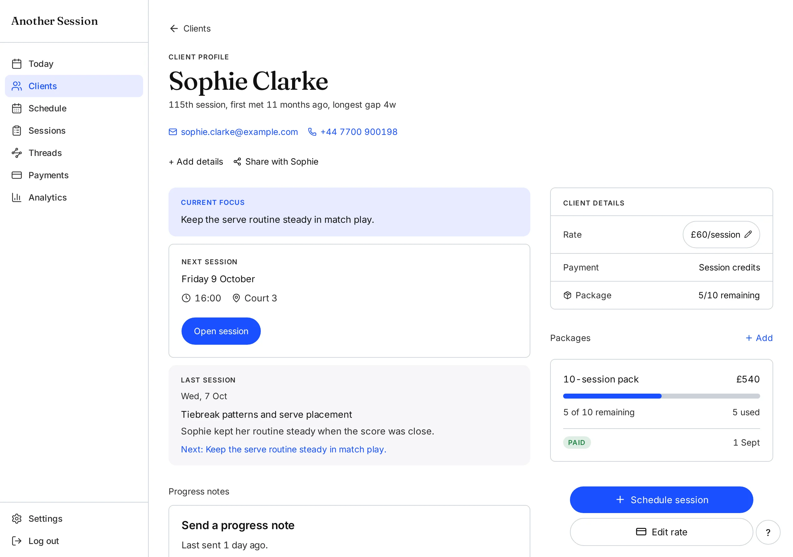 Sophie Clarke's updated record showing today's saved note, Friday's next session and five of ten package sessions remaining