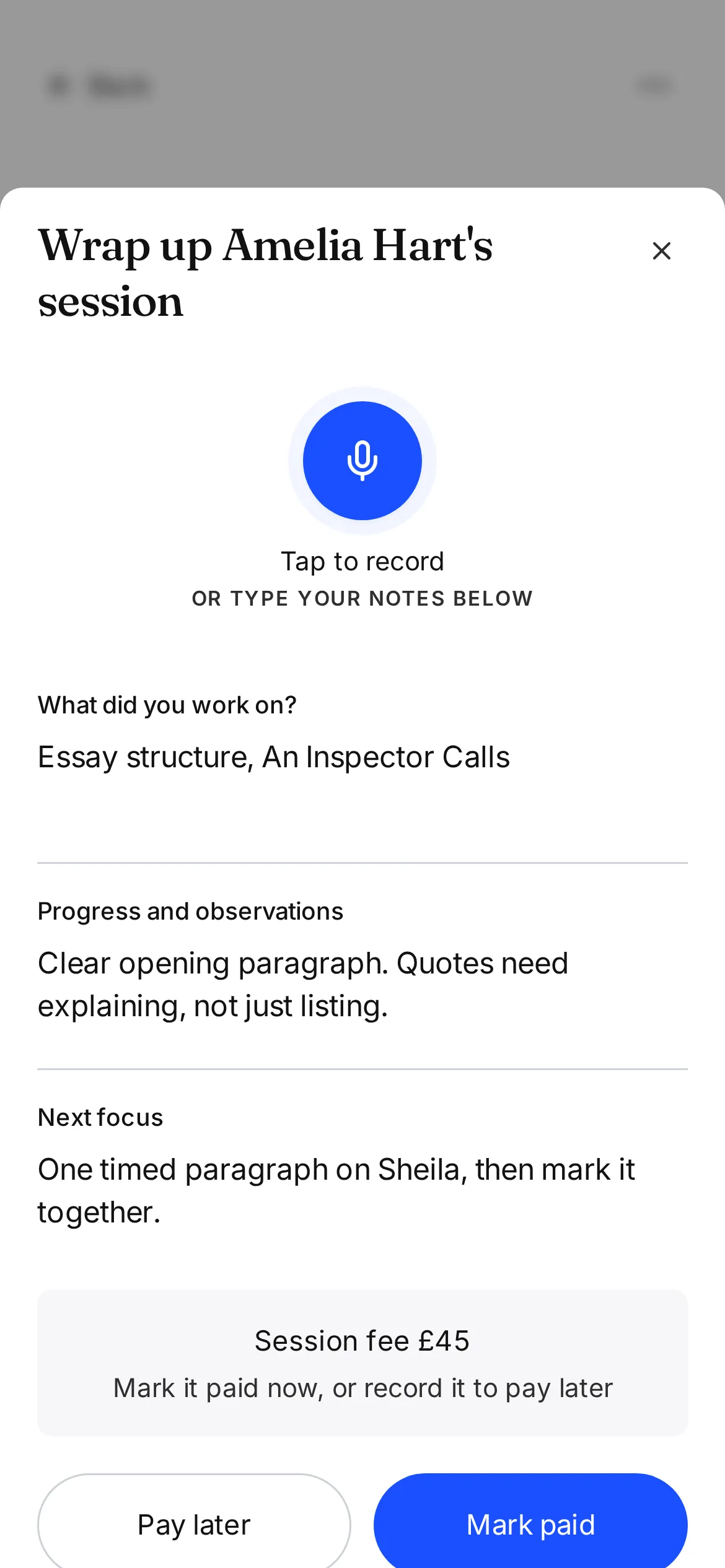 Another Session lesson wrap-up on a phone for Amelia Hart: worked on essay structure, progress notes, next focus, and buttons to pay later or mark paid.