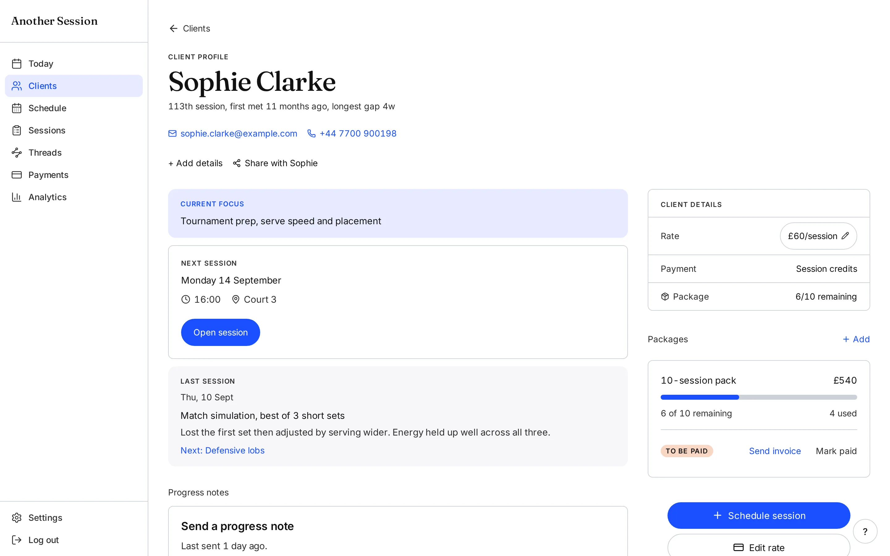 Sophie Clarke’s client record in Another Session: current focus, last session note, next session, rate, payment method, package balance and progress notes