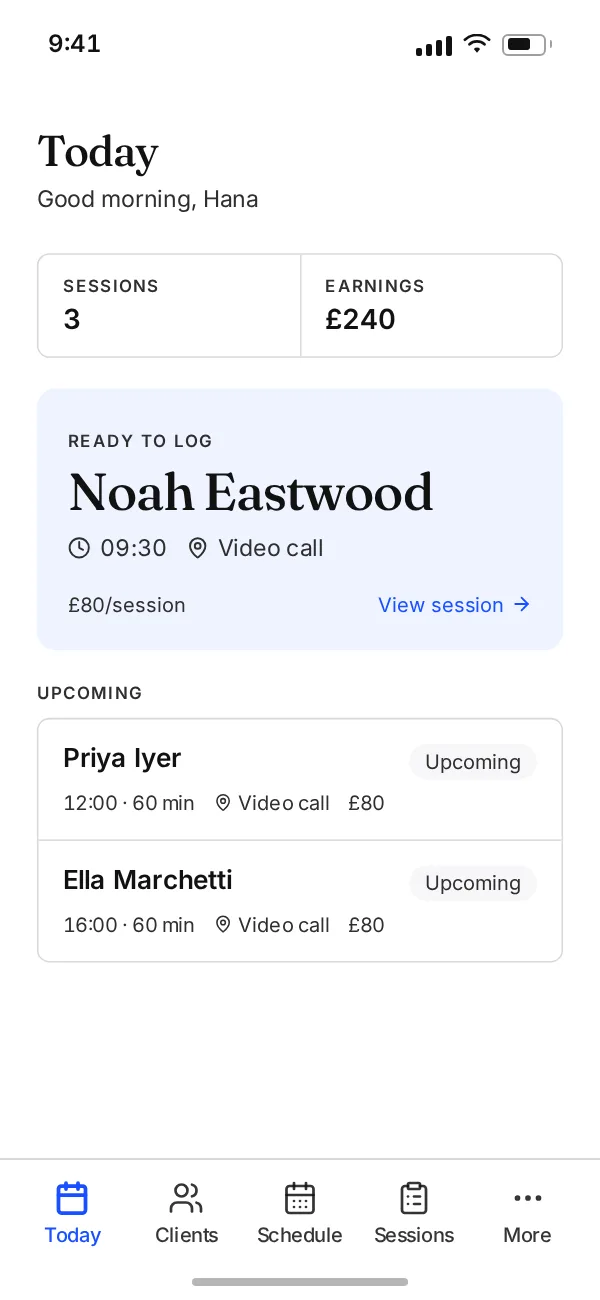 A life coach's day in Another Session on a phone