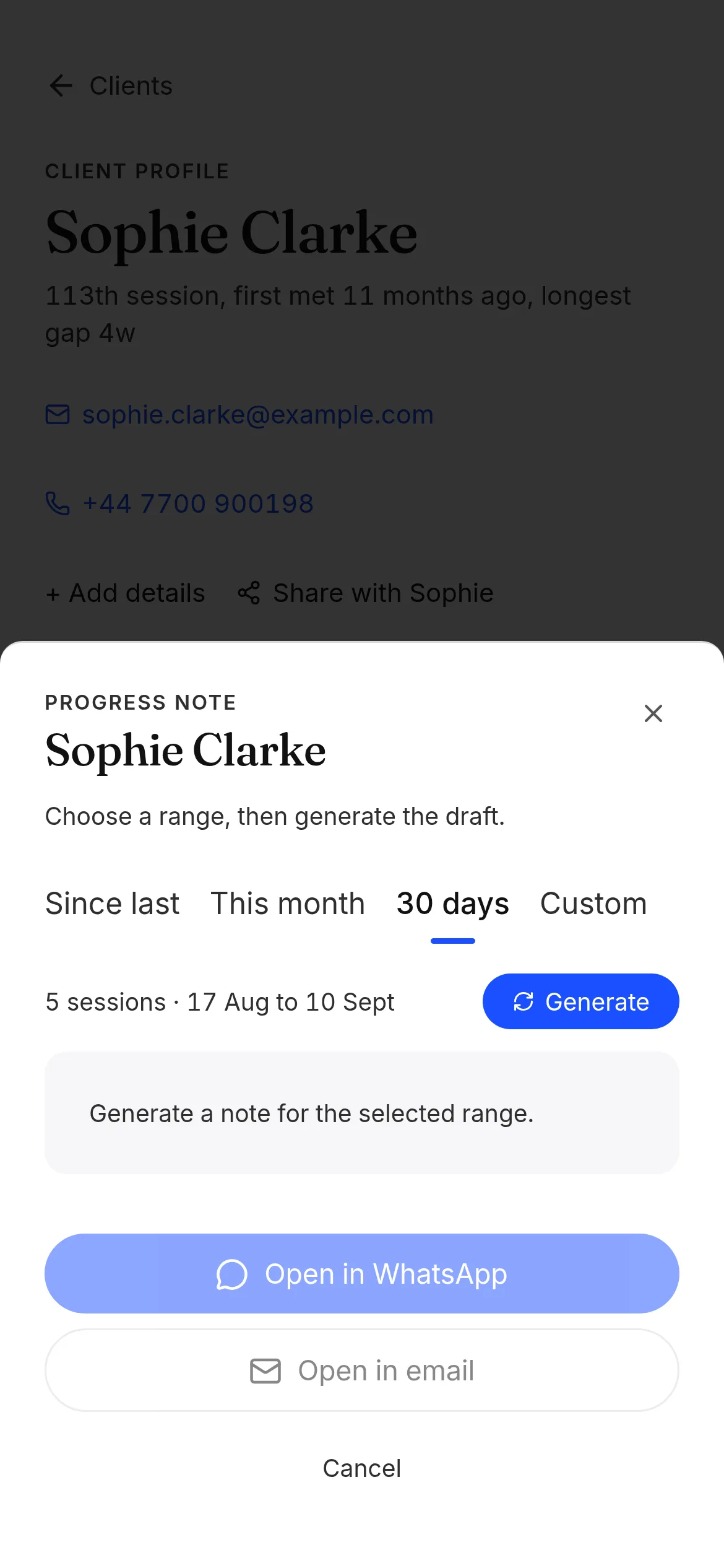 A draft tennis coaching summary on a phone