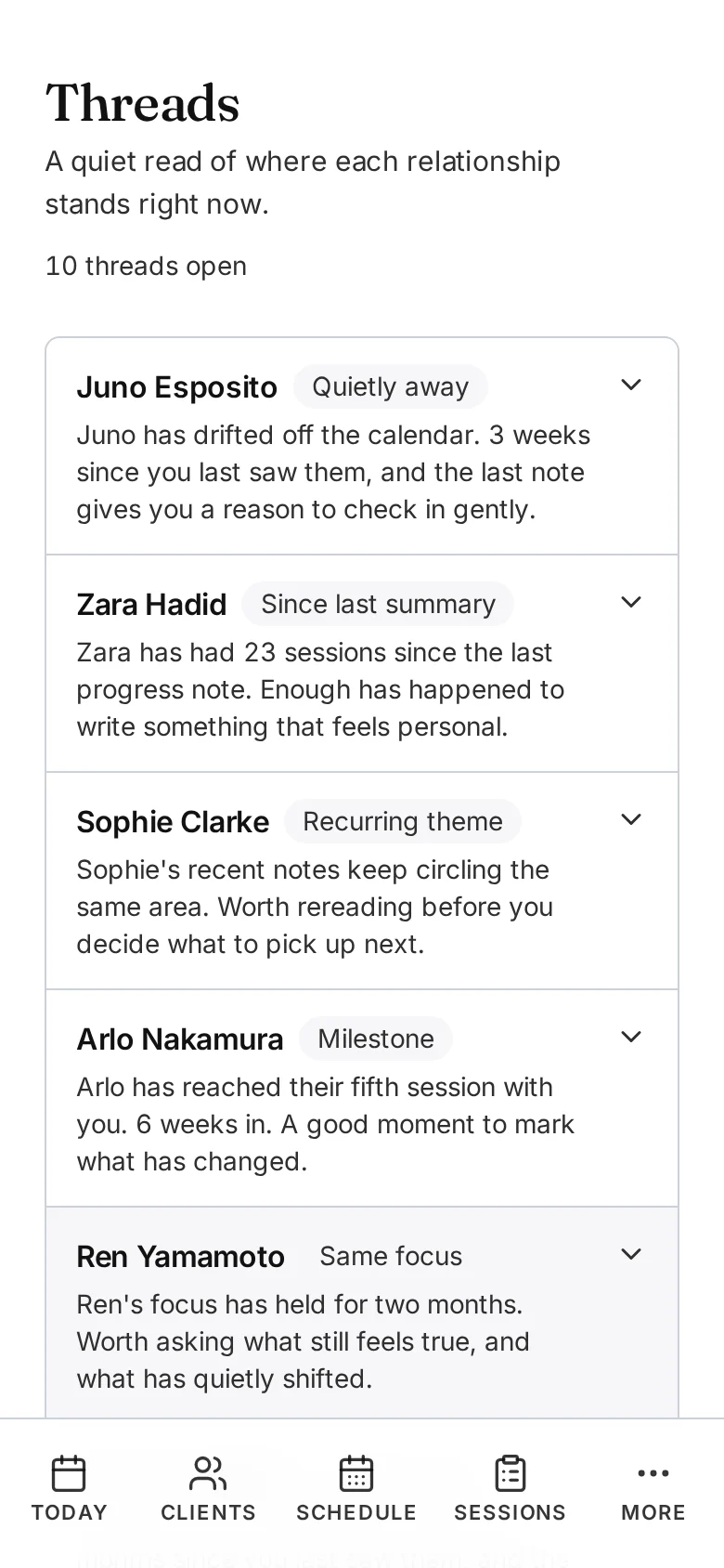 Threads showing Juno's gap between sessions and a recurring theme in Sophie Clarke's recent notes