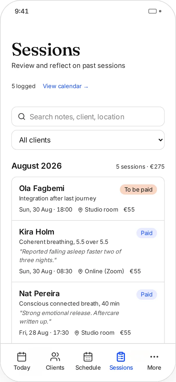 Every client, every breath, every integration in one calm view. in Another Session
