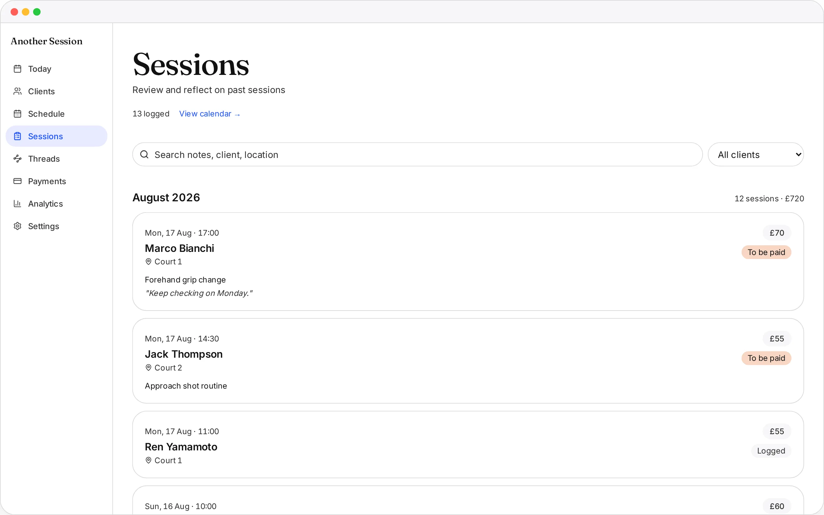 Another Session session history for a client, with the note written after each session