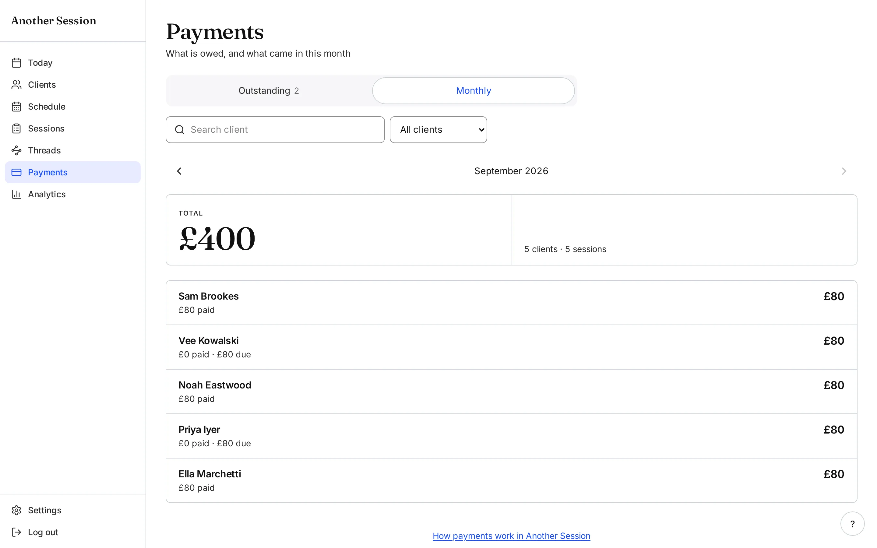 Another Session payments showing paid and outstanding coaching sessions