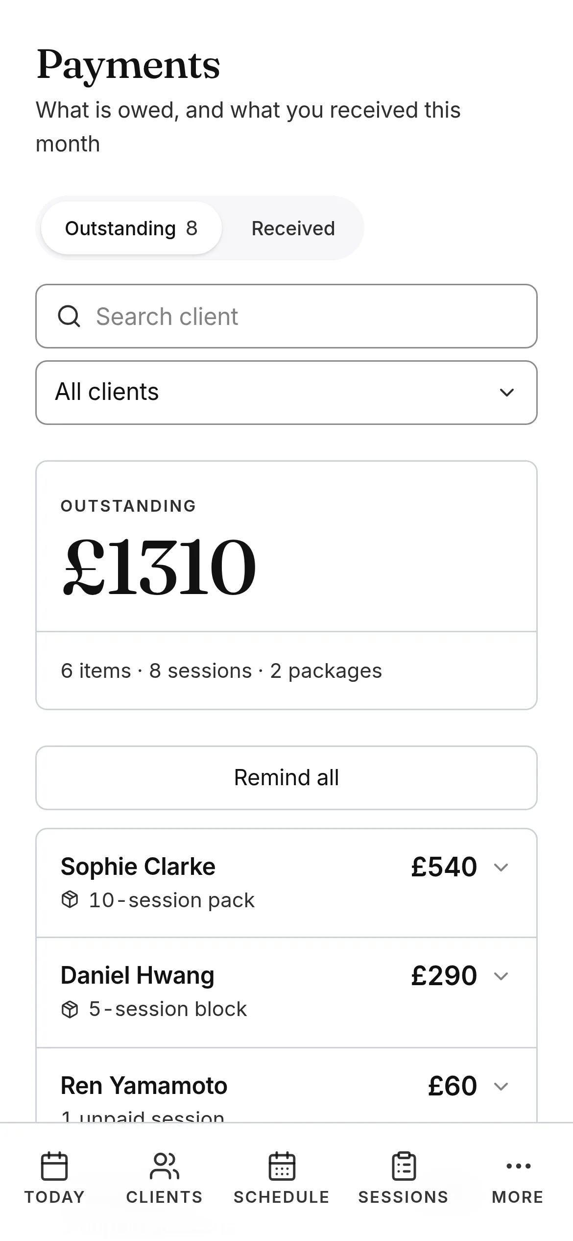 Outstanding tennis lesson payments on a phone