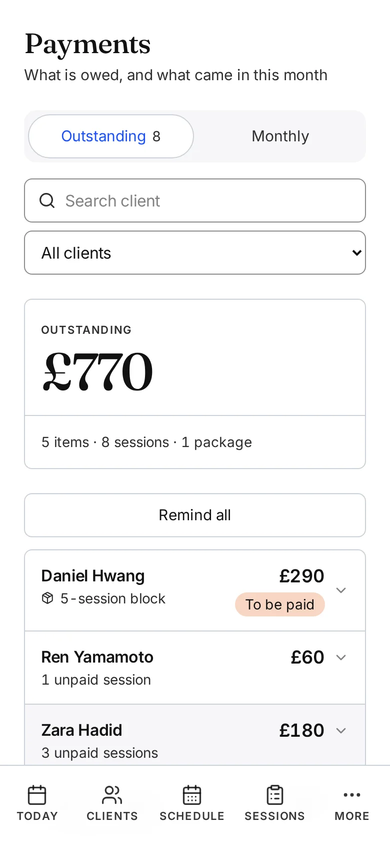 Payments showing outstanding balances and unpaid sessions, with a Mark paid action