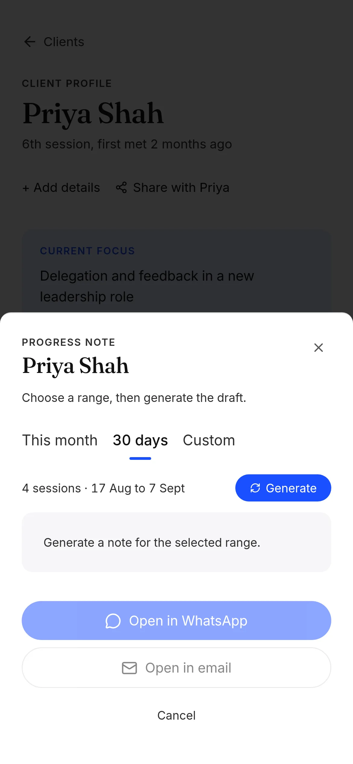 The real progress note form for Priya with a 30-day range selected and four coaching sessions ready for a draft