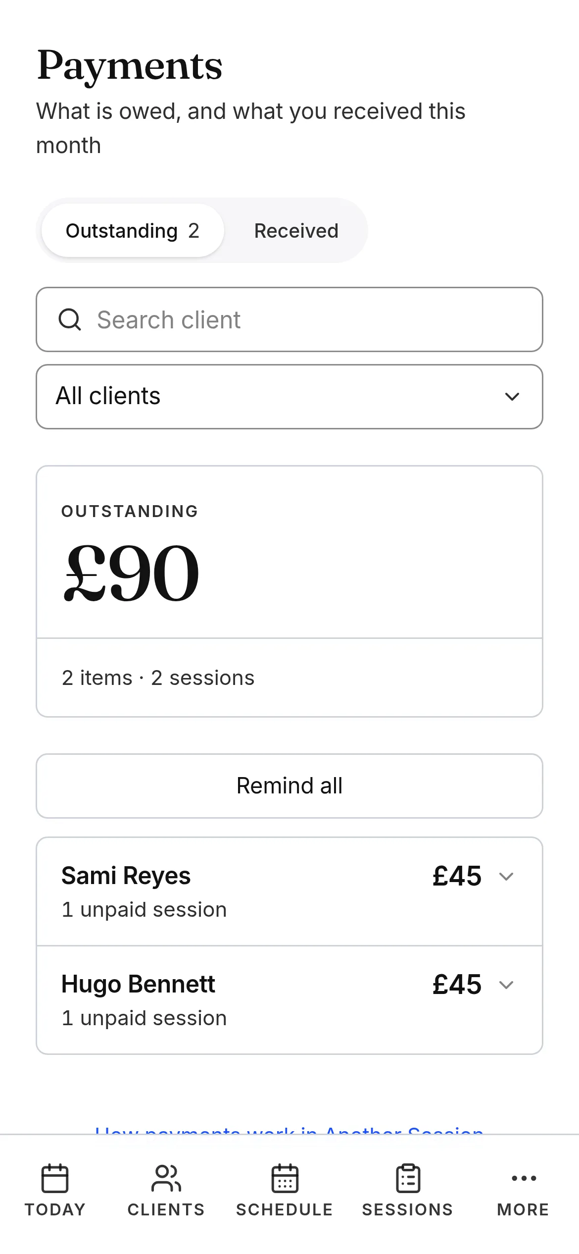 Outstanding music lesson payments on a phone